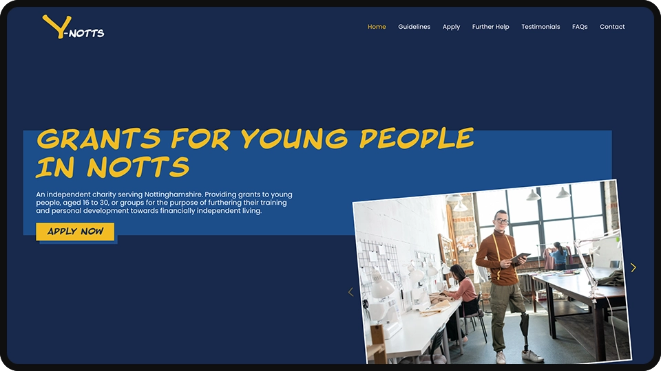 Screenshot of Y-Notts charity website redesign
