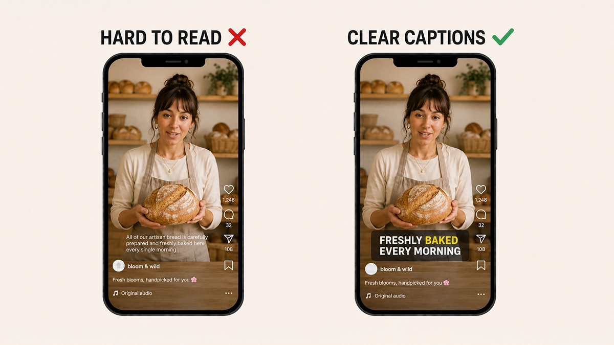 Comparison of good captions versus bad captions on social media video