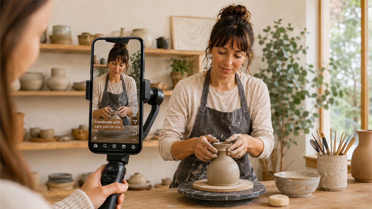 Filming a pottery social media video on a mobile phone