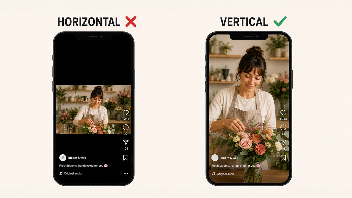 Two phones comparing horizontal versus vertical videos