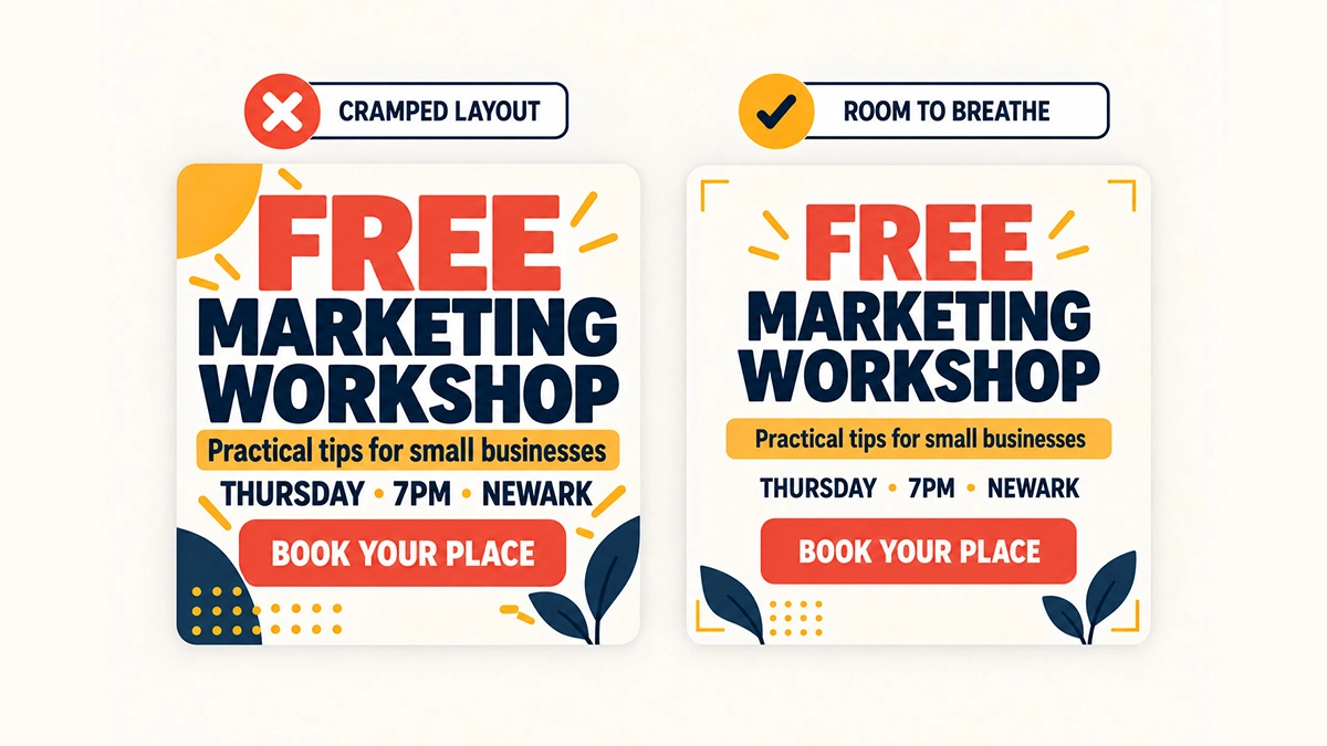 Illustration showing cramped social post versus a social post with correct spacing