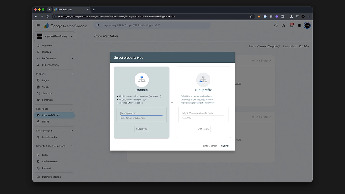 Screenshot of setting up Google Search Console