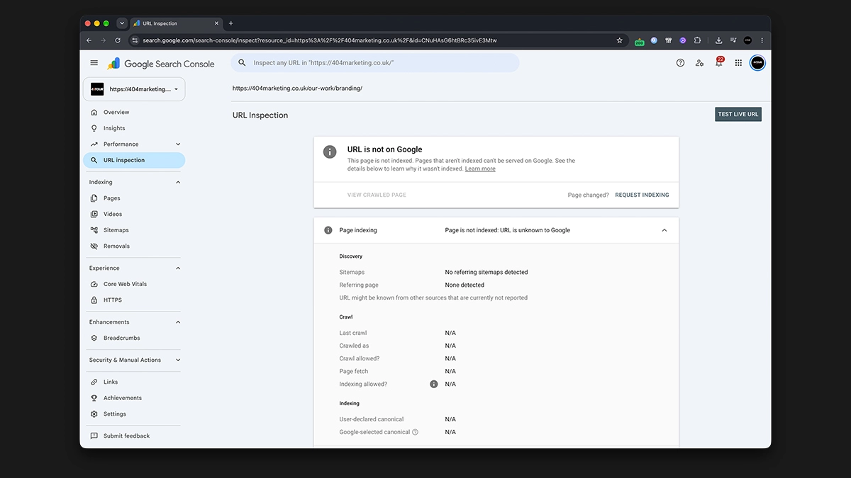 Screenshot of the Google Search Console URL inspection page