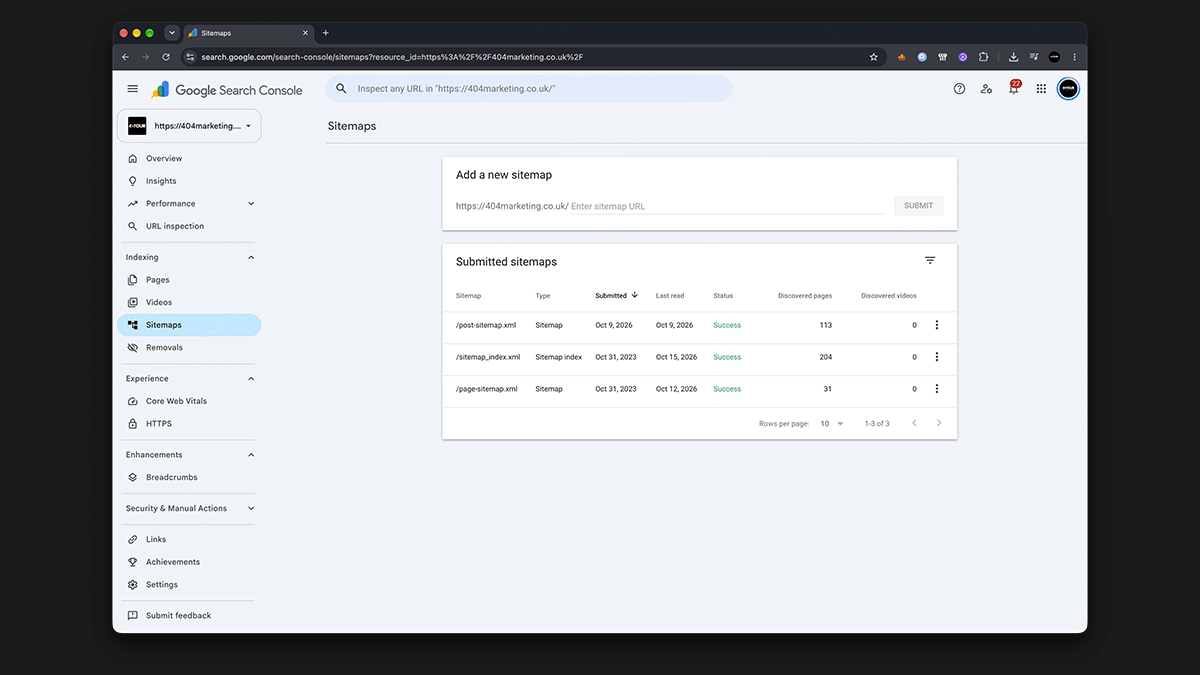 Screenshot of the Google Search Console sitemap screen